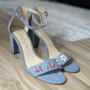 Blue Floral Embellished Women's Heels